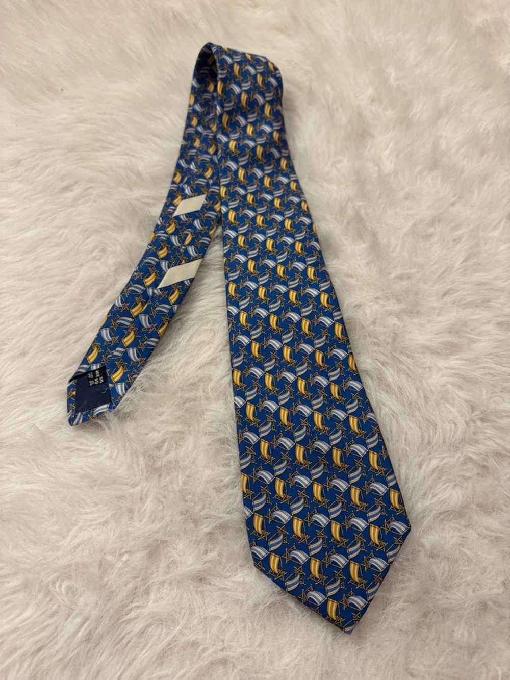 Salvatore Ferragamo Blue and Gold Geometric Beach Chair  Silk Tie pre-owned.